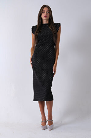 Siyah Büzgülü Üzeri Taş Detaylı Elbise 03050336.01