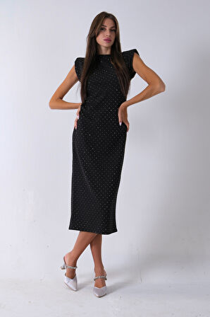 Siyah Büzgülü Üzeri Taş Detaylı Elbise 03050336.01