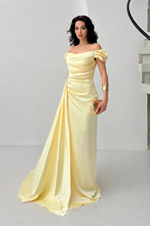 Sarı Drape Detaylı Saten Kumaş Abiye Elbise 9704858.11