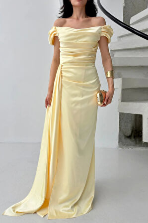 Sarı Drape Detaylı Saten Kumaş Abiye Elbise 9704858.11