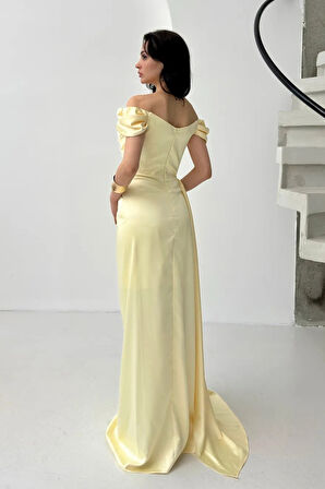 Sarı Drape Detaylı Saten Kumaş Abiye Elbise 9704858.11
