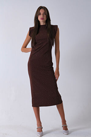 Kahve Büzgülü Üzeri Taş Detaylı Elbise 03050336.05