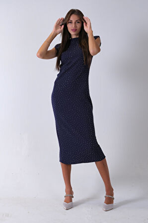 Lacivert Büzgülü Üzeri Taş Detaylı Elbise 03050336.02