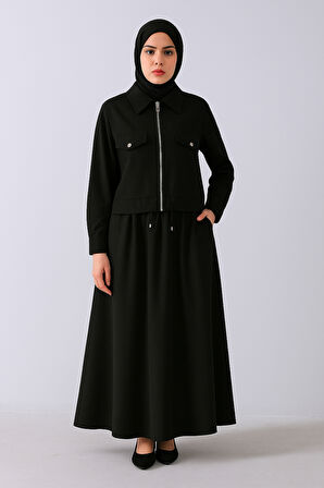 Siyah Kol Fermuar Detaylı Cep Görünüm Ceket Etekli Takım 44510857.01