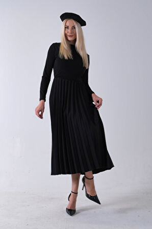 Siyah Eteği Pilise Detaylı Elbise 3975495.01