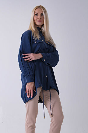 Lacivert Hakim Yaka Cep Kapak Detaylı Etek Ucu İpli Tunik 3972106.02