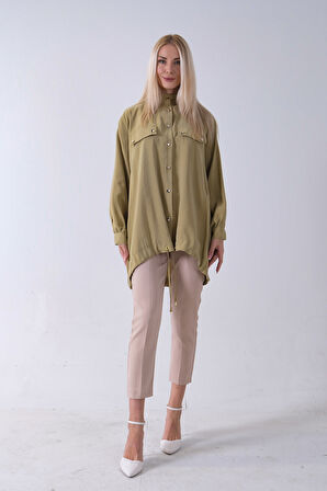 Yeşil Hakim Yaka Cep Kapak Detaylı Etek Ucu İpli Tunik 3972106.07