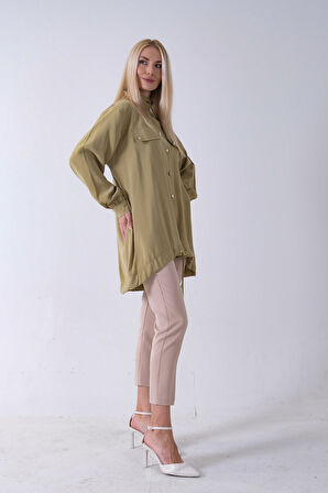 Yeşil Hakim Yaka Cep Kapak Detaylı Etek Ucu İpli Tunik 3972106.07