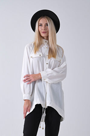 Beyaz Hakim Yaka Cep Kapak Detaylı Etek Ucu İpli Tunik 3972106.15