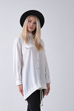 Beyaz Hakim Yaka Cep Kapak Detaylı Etek Ucu İpli Tunik 3972106.15