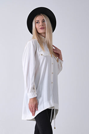 Beyaz Hakim Yaka Cep Kapak Detaylı Etek Ucu İpli Tunik 3972106.15