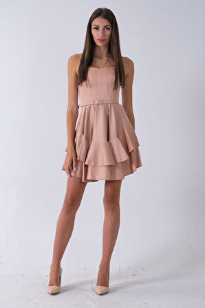 Bej İp Askılı Bel Kemer Bağlamalı Mini Boy Abiye 0802004.55