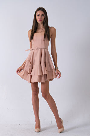 Bej İp Askılı Bel Kemer Bağlamalı Mini Boy Abiye 0802004.55