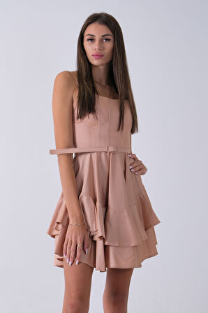 Bej İp Askılı Bel Kemer Bağlamalı Mini Boy Abiye 0802004.55