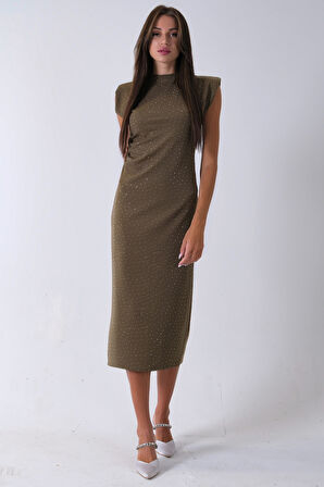Haki Büzgülü Üzeri Taş Detaylı Elbise 03050336.23
