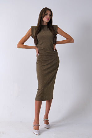 Haki Büzgülü Üzeri Taş Detaylı Elbise 03050336.23