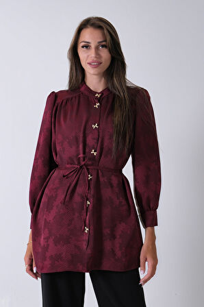 Bordo Hakim Yaka Bel Bağlamalı Desenli Tunik 4595333.04