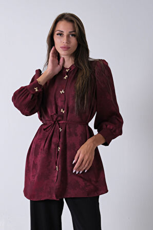 Bordo Hakim Yaka Bel Bağlamalı Desenli Tunik 4595333.04