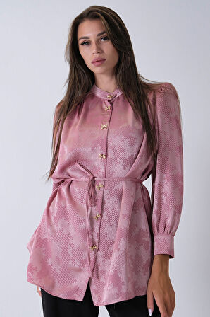 Pembe Hakim Yaka Bel Bağlamalı Desenli Tunik 4595333.10
