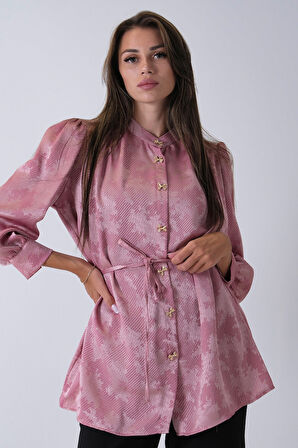Pembe Hakim Yaka Bel Bağlamalı Desenli Tunik 4595333.10