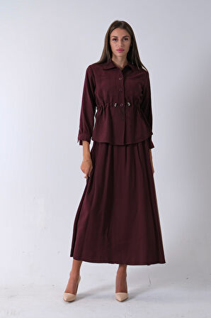 Bordo 2 Cep Detaylı Belden Lastikli Etekli Takım 4592257.04