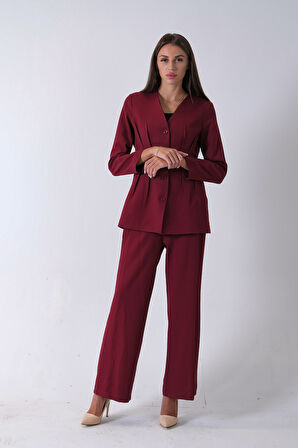 Bordo Önü 4 Düğme Kapamalı Pantolonlu Takım 4592261.04