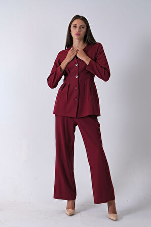 Bordo Önü 4 Düğme Kapamalı Pantolonlu Takım 4592261.04