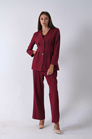 Bordo Önü 4 Düğme Kapamalı Pantolonlu Takım 4592261.04