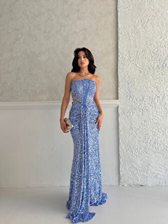 Bebe Mavi Önü Taş Detaylı Yırtmaçlı Pul Payet Straplez Abiye 0801163.449