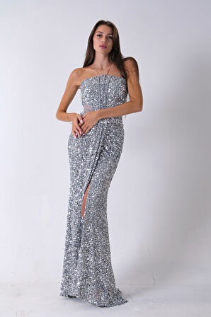 Gri Önü Taş Detaylı Yırtmaçlı Pul Payet Straplez Abiye 0801163.06