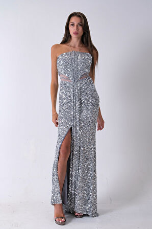 Gri Önü Taş Detaylı Yırtmaçlı Pul Payet Straplez Abiye 0801163.06