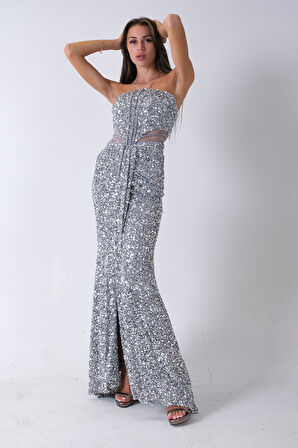 Gri Önü Taş Detaylı Yırtmaçlı Pul Payet Straplez Abiye 0801163.06