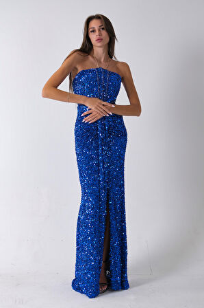 Saks Önü Taş Detaylı Yırtmaçlı Pul Payet Straplez Abiye 0801163.26