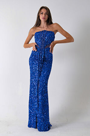 Saks Önü Taş Detaylı Yırtmaçlı Pul Payet Straplez Abiye 0801163.26