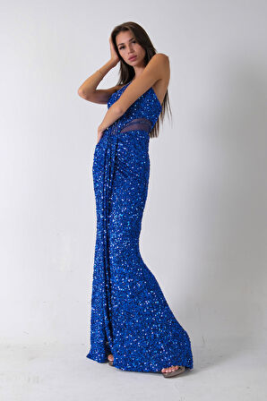 Saks Önü Taş Detaylı Yırtmaçlı Pul Payet Straplez Abiye 0801163.26