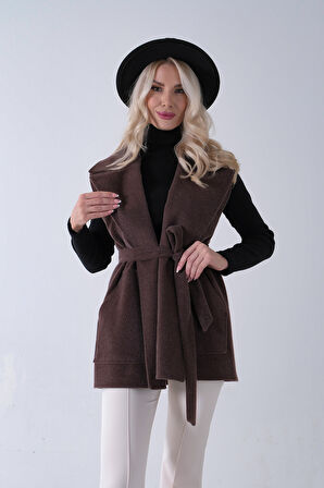 Kahve Yakalı Cepli 2 Düğmeli Kemer Bağlamalı Kaşe Yelek 5307107.05