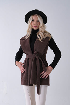 Kahve Yakalı Cepli 2 Düğmeli Kemer Bağlamalı Kaşe Yelek 5307107.05