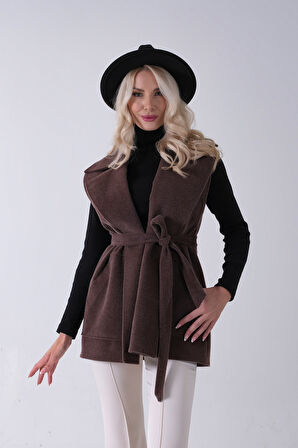 Kahve Yakalı Cepli 2 Düğmeli Kemer Bağlamalı Kaşe Yelek 5307107.05