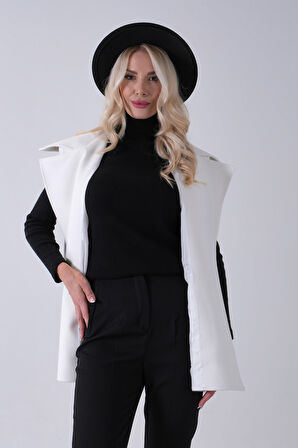 Ekru Yakalı Cepli 2 Düğmeli Kemer Bağlamalı Kaşe Yelek 5307107.147