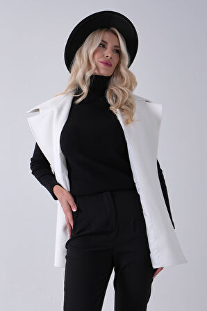 Ekru Yakalı Cepli 2 Düğmeli Kemer Bağlamalı Kaşe Yelek 5307107.147