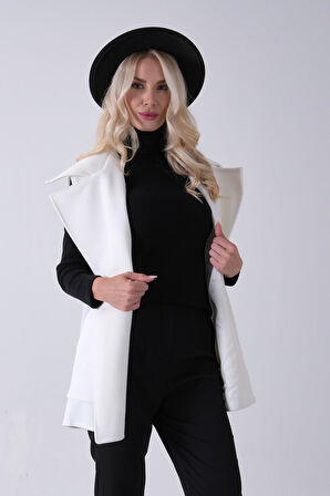 Ekru Yakalı Cepli 2 Düğmeli Kemer Bağlamalı Kaşe Yelek 5307107.147