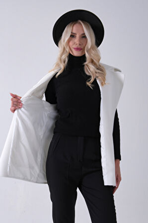 Ekru Yakalı Cepli 2 Düğmeli Kemer Bağlamalı Kaşe Yelek 5307107.147