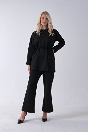 Siyah Bisiklet Yaka Önü Düğme Kapama Görünümlü Pantolonlu Scuba Takım 4592265.01