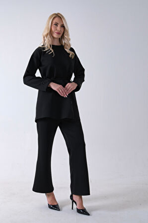 Siyah Bisiklet Yaka Önü Düğme Kapama Görünümlü Pantolonlu Scuba Takım 4592265.01