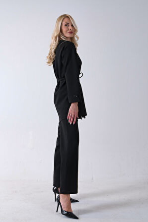 Siyah Bisiklet Yaka Önü Düğme Kapama Görünümlü Pantolonlu Scuba Takım 4592265.01