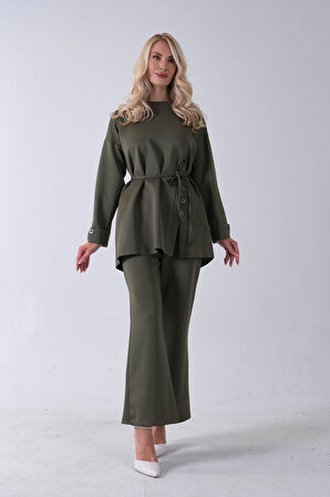 Haki Bisiklet Yaka Önü Düğme Kapama Görünümlü Pantolonlu Scuba Takım 4592265.23