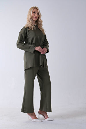 Haki Bisiklet Yaka Önü Düğme Kapama Görünümlü Pantolonlu Scuba Takım 4592265.23