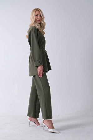 Haki Bisiklet Yaka Önü Düğme Kapama Görünümlü Pantolonlu Scuba Takım 4592265.23