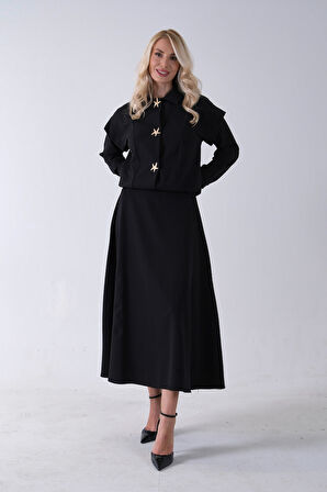 Siyah Beli Lastikli Deniz Yıldızı Çıt Çıt Kapamalı Ceket Detaylı Etekli Takım 4592269.01
