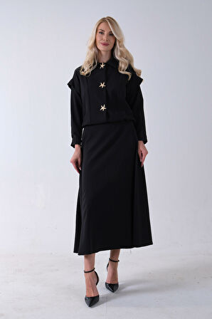 Siyah Beli Lastikli Deniz Yıldızı Çıt Çıt Kapamalı Ceket Detaylı Etekli Takım 4592269.01